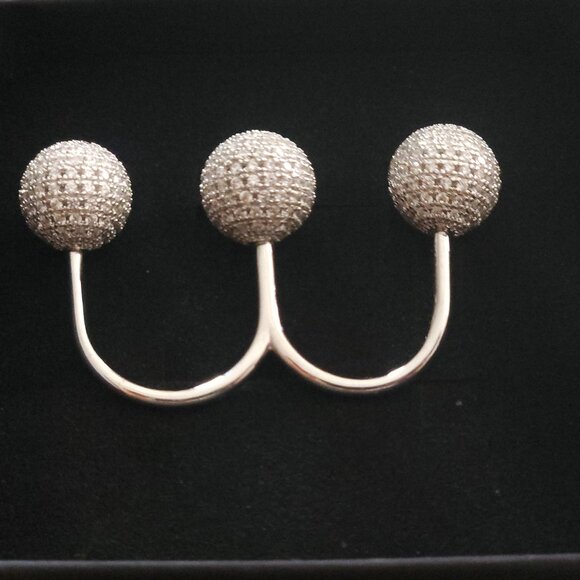 nOir Jewelry Cassandra Double Finger Ring CZ Pave Balls Adjustable Rhodium Gold - Picture 2 of 3